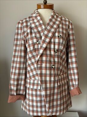 Double-Breasted Checked Blazer in Rust & White Medium Nine West